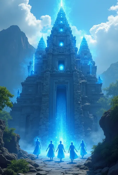 100 blue genies building a temple Prambanan using magic