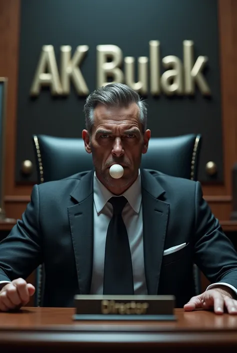 A brutal man in a suit sits at a table in an office on which is written director and behind on the wall is written Ak Bulak. He sucks a lollipop in his mouth 