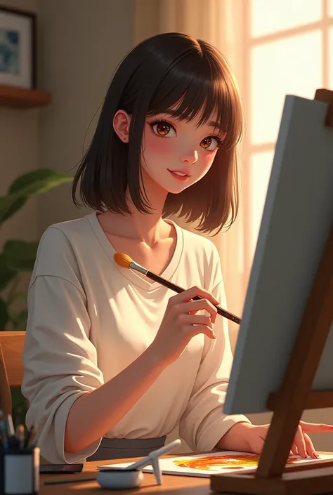 A teenage artist with straight brown hair, brown eyes and a beautiful smile. She drawing