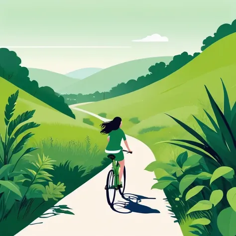 Huge vistas，A girl rides a bicycle along a road with green plants，Minimal illustration, Minimalist illustration style,, It&#39;s Ryo Takemasa&#39;s style, Aerial View, Award-winning illustrations, Image,  Minimal Art, Wu Zhengliang style, Commonwealth maga...