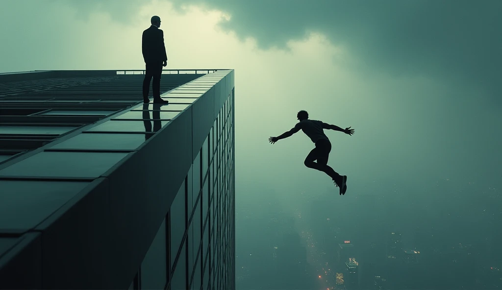 A young man falling from the top of a building while another man on the top of a building watching him fall