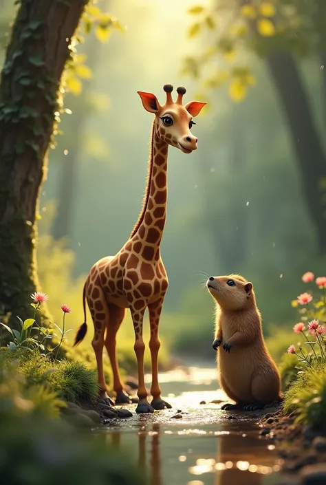 In a charming forest glade bathed in soft, diffuse sunlight, A gentle giraffe and a curious marmot share a moment by a peaceful stream. the tall, slender giraffe, with his warm brown patterned coat and his expressive eyes, stands tall and attentive. Along ...