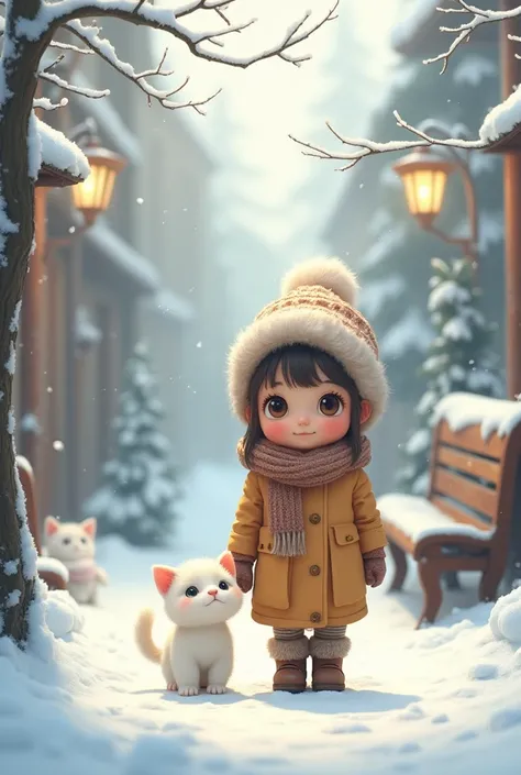 A white cat siting on a bench and arround snow falling and shor girl also with that cat and the cate less than her size and they are walking create another on  and the same girl and cate where walking arround a street
