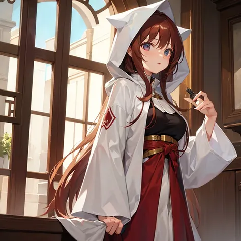 1 female breast(d), Beautiful long chestnut hair，white robe，wearing hood，Otherworld clothing