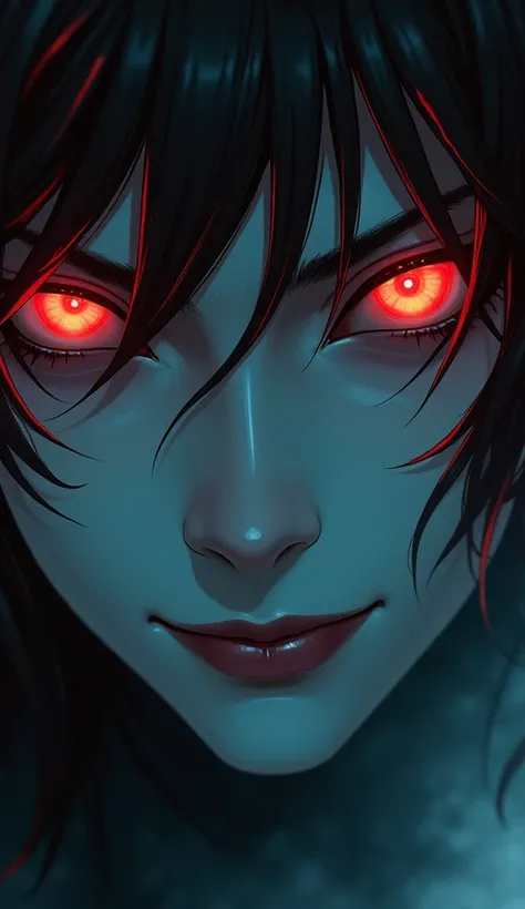 A close-up of Doma’s face, his rainbow-hued eyes glowing with a twisted sense of amusement. His pale skin is contrasted by the deep blood-red streaks in his hair, and the faint smile on his lips hints at his sadistic nature. Behind him, the shadows of his ...