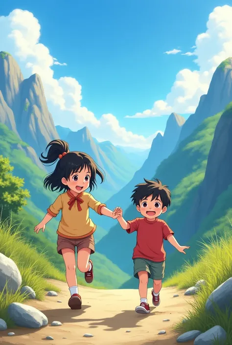 Small two childs girl and boy on mountain running  anime realistic and girl get boy and in herself hand


