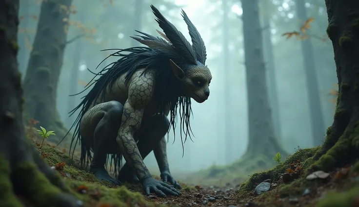 Generate a highly detailed and atmospheric
scene of a mystical forest creature crouching in a misty woodland setting. The creature has an otherworldly appearance, with intricate body paint resembling cracked earth, and wears
elaborate feathered adornments,...