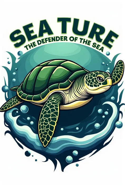 Create a sea turtle team logo, team green with a quote" the defender of the sea." for a ball game