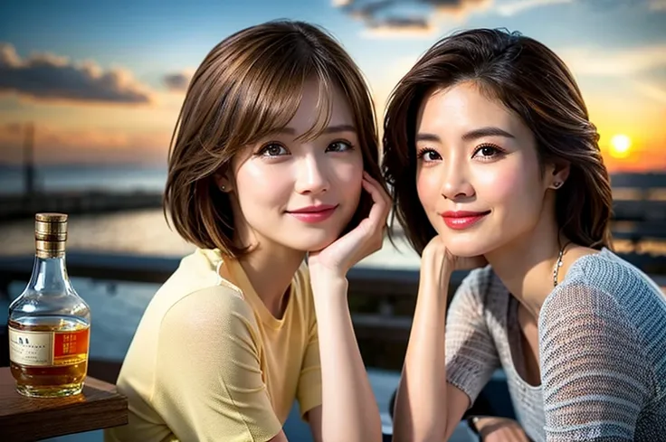 (Realistic, 超Realistic:1.4), 16k hdr, High resolution,Brown short hair,The best smile、Japanese actress,Super Beauty(Like the real thing),Short sleeve dress,Whiskey bottles、The Macallan、Johnnie Walker、、Old Parr、whiskey、Suntory、Nikka、Slim Couple、Model Couple...