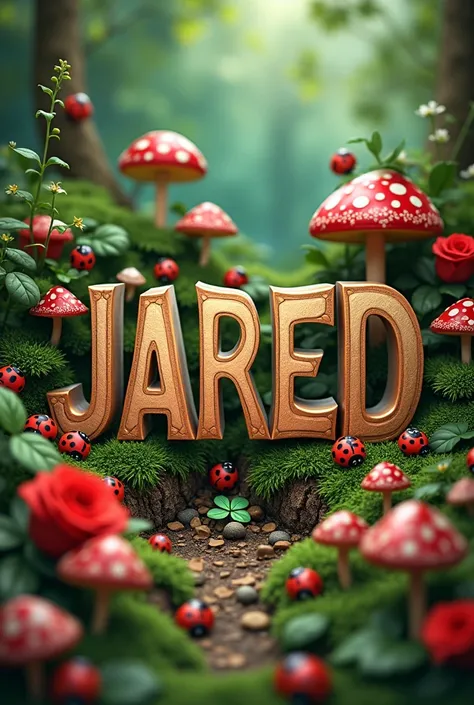 Letters JARED, ladybugs, red roses, black roses, leaves,mushroom, clover, 8k uhd, high definition resolution, vivid colors