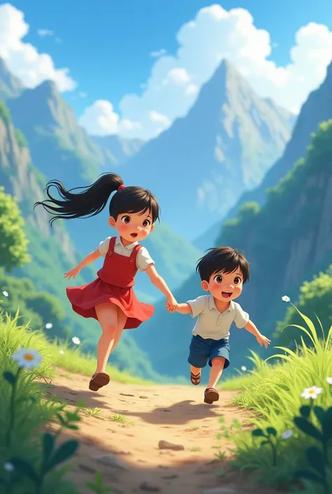 Small two childs girl and boy on mountain running  anime realistic and girl get boy hand



