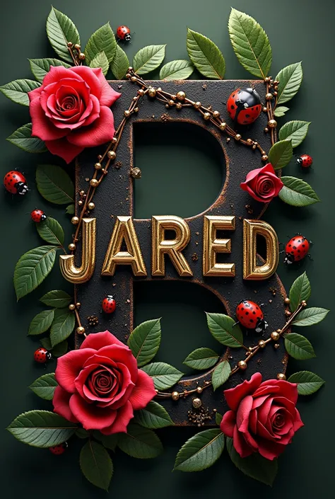 Letters JARED, ladybugs, red roses, black roses, leaves, leaves, 8k uhd, high definition resolution, vivid colors