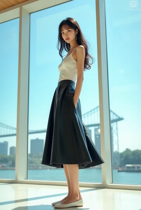 A beautiful lady, asian, Japanese,
Long hair, 
Medium height,
Straight standing in front of a window wall in an office,
Wearing a white tank top,
Wearing a shiny black leather big a-line circle long full skirt ankle length covered the legs,
Wearing white f...