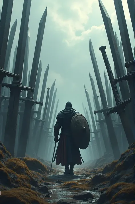 Draw me a picture of a sea of swords that a warrior will cross.