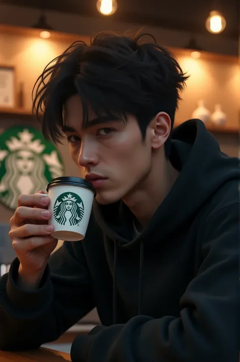 A aesthetic boy hanging Starbucks coffee he has black hodde, and only till neck background Starbuck coffee restaurant Italy 