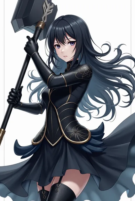 An anime style character with black armor with silver with a hammer long handle long black hair black eyes white skin Black shirt short sleeves Elbow protectors skirt slim body full body 