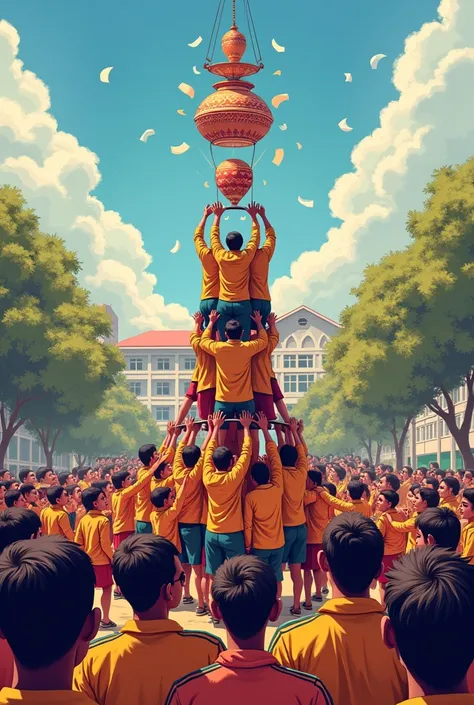 Dahi handi competition inside college campus 
Students boys and girls both wearing uniform (Sacred heart degree college written on the top )( Dahi handi competition written in stylish font)( venue: Bsc Building, Date: 20th September written on the bottom)(...