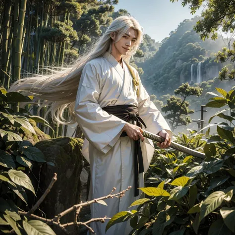 long flowing white hair ,white kimono military general ,bright yellow eyes  ,hair is flying ,wild hair, green fog around, high quality ,incomplete growth  ,male character tall ,asian face beautiful , looks ,Standing on a cliff , bamboo around, beautiful sm...