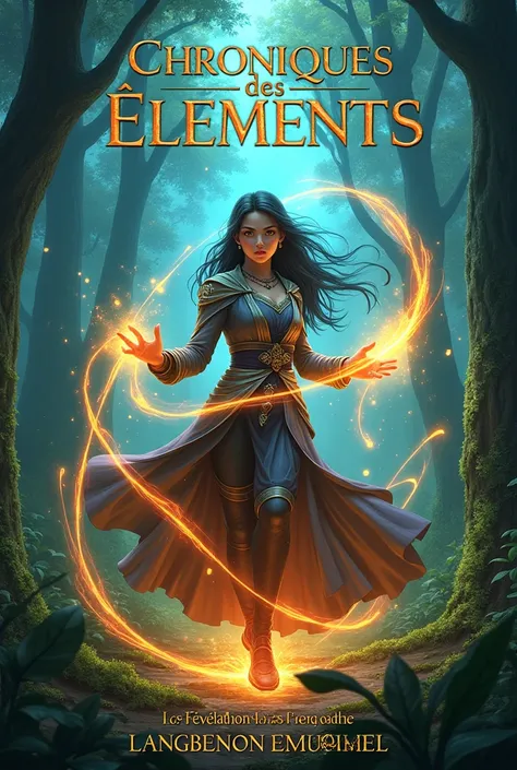 "A dramatic fantasy book cover featuring a young female elemental controller standing in a lush, mystical forest with vibrant energy swirling around her. The title Chroniques des Éléments: Tome 1 - La Révélation des Énergies is prominently displayed in ele...