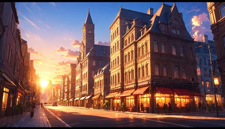 a beautiful sunset cityscape, returning home, detailed anime style, glowing sky, detailed architecture, detailed street, detailed lighting, warm colors, dramatic lighting, cinematic, photorealistic, 8k, highly detailed, masterpiece