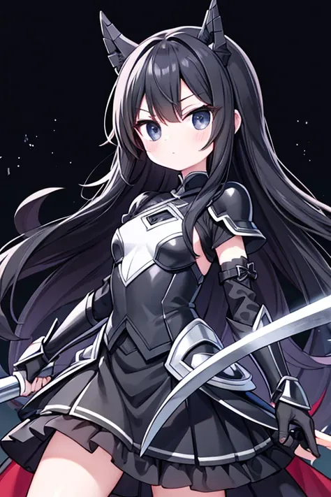 Black armor with silver decorations、Cartoon character holding a long-handled hammer。Long black hair、black eye、White skin。Black short-sleeved shirt、Elbow pads、Wearing a long skirt。 