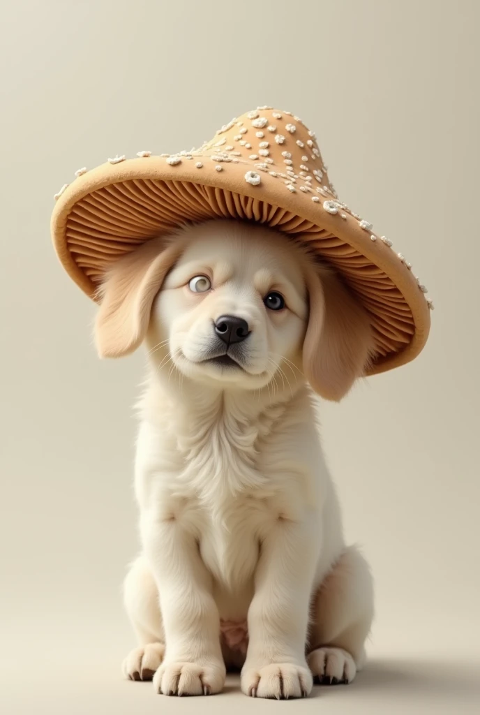 A cream-colored dog with white fringe covering its eyes., large toadstool hat . You can&#39;t see his eyes