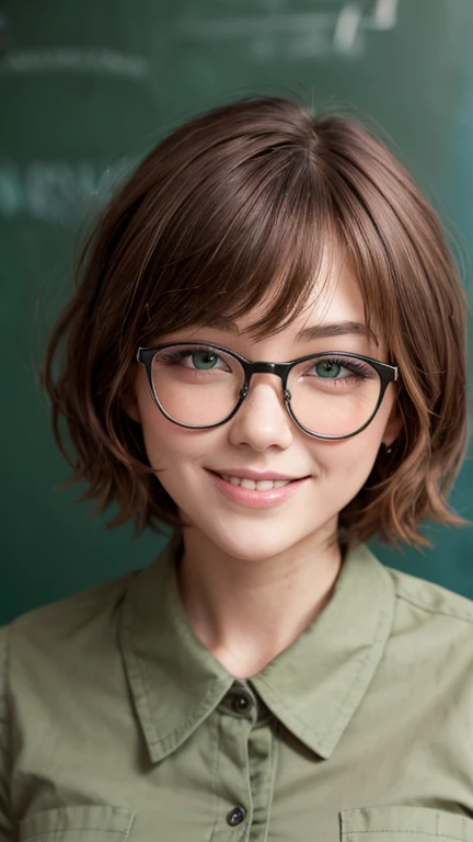 blackboard. Close-up, upper body. Short, Red hair, green eyes, green button down shirt dress, smile, girl , metal frame glasses.