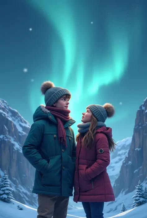 Mature Boy and girl wear winter wear, looking at the northern lights .