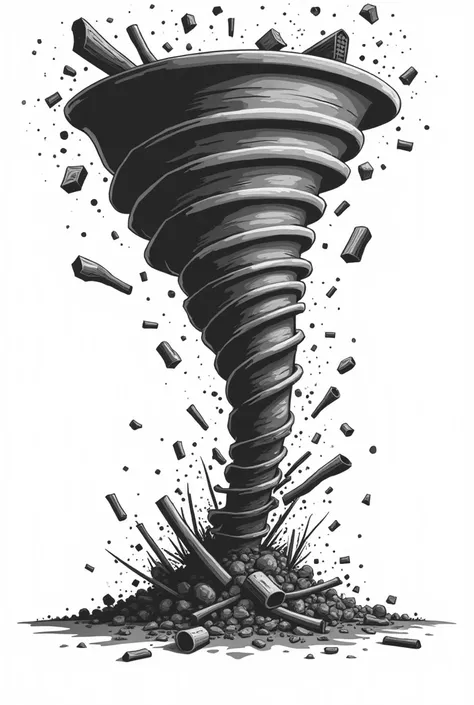 black and white vector logo of tornado seen from the side that hit the ground with flying pieces