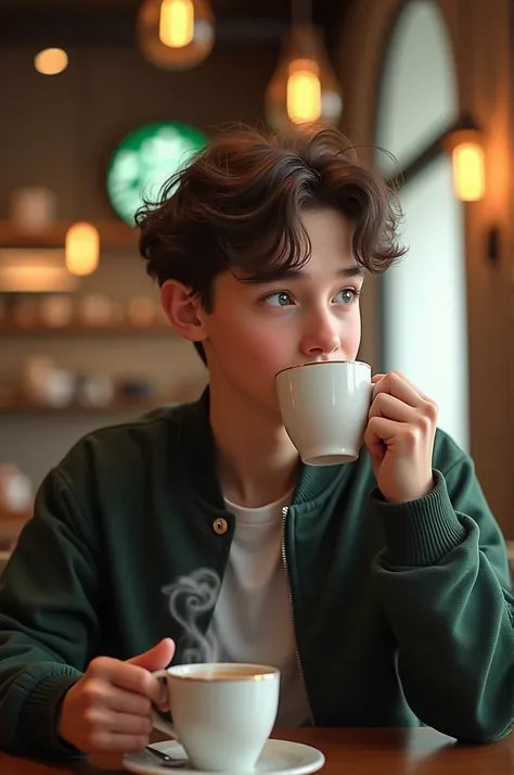 Relastic A aesthetic boy hanging Starbucks coffee background Italy Starbucks restraunt 