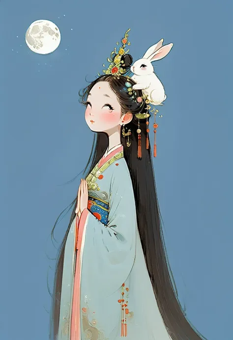 vector illustration, flat illustration, a young and beautiful woman with long flowing hair and traditional chinese clothing, fea...