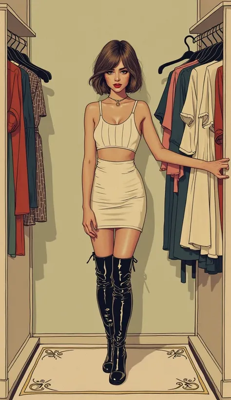 masterpiece, plain tarot aesthetics, masturbation humping, tarot plain vintage, tight flirt dress, small fitting room,thigh-high boots, teenage junior girl, tease herself, languid posing,short haircut, brunette|blond, freckles, vintage aesthetics line-art,...