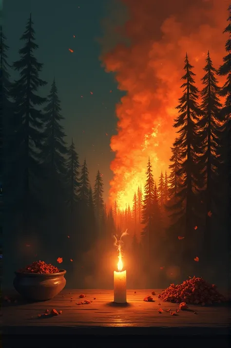 Image Prompt: A small flickering candle in a dark room is blown out by a gust of wind, symbolizing weakness. In contrast, a raging forest fire is shown in the next scene, with the same wind making the fire even stronger and more intense, symbolizing streng...