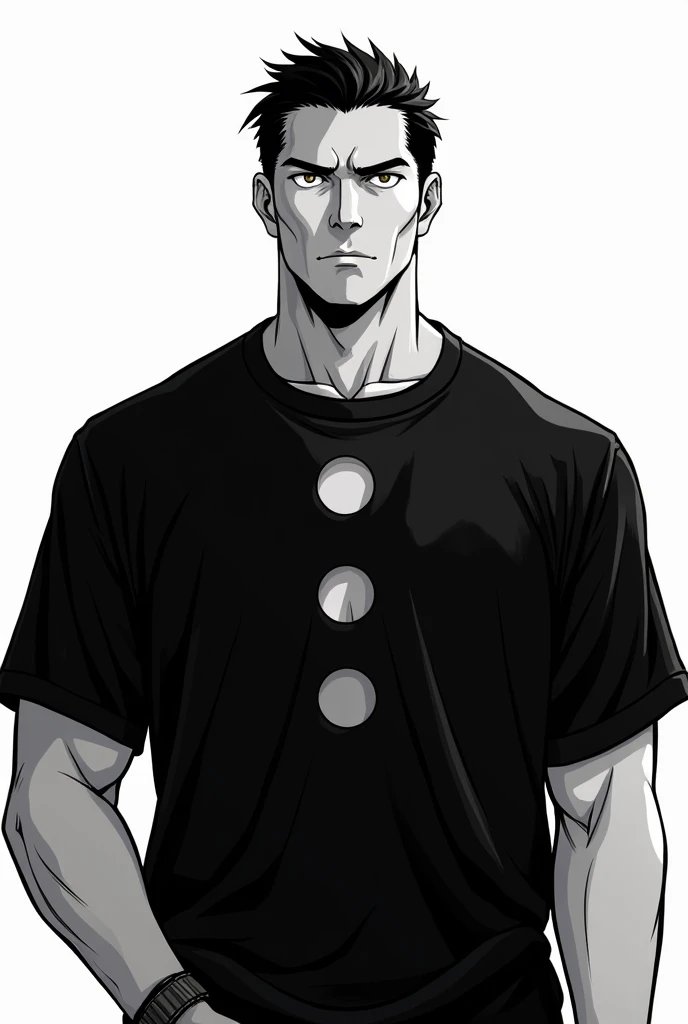 Colorless, manga style images. It was a man 180cm tall, wearing a black three-hole shirt and looking serious