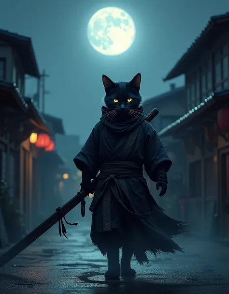 The dragon cat is dressed in Japanese ninja gear , Holding an oversized sword，masked，In town，nigth，themoon，No Man，No one appears