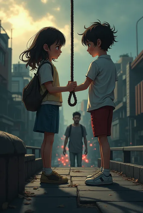 A boy and girl stand on a roof terrace, holding a rope, and in the street below, a crazed boy stares at them.