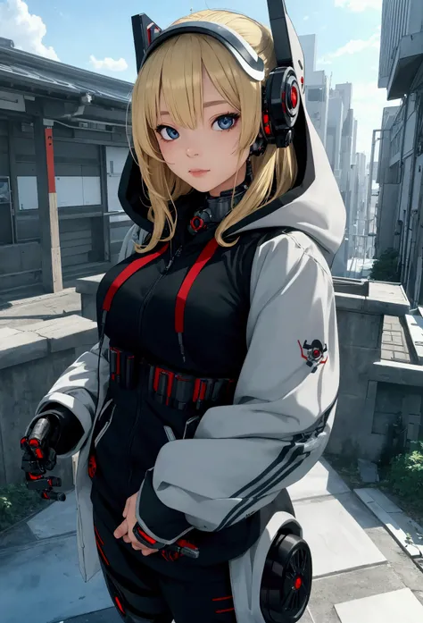 image of a beautiful cyborg girl wearing a Japanese mask with a hoodie, robot neck, blonde hair, full body, HD landscape