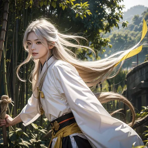 long flowing white hair ,white uniform military general wuxia ,yellow eyes are burning, hair is flying ,wild hair, green fog around, high quality ,Fighting pose, Handsome guy ,asian face beautiful , looks ,Standing on a cliff , bamboo ,beautiful smile ,kat...