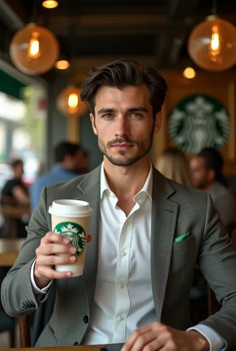 A aesthetic boy hanging Starbucks coffee. Till neck background Italy Starbucks restraunt 