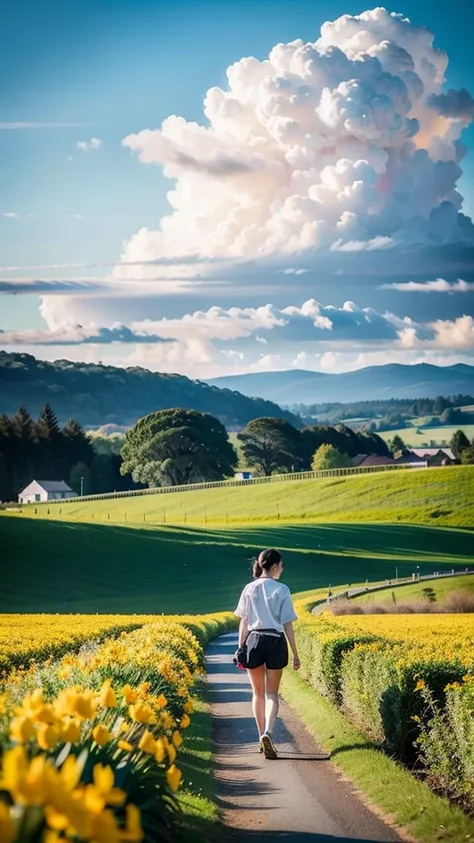 **Huge cumulus clouds in the countryside**

fluffy, Towering cumulus clouds dominate the vast blue sky., Creating dramatic natural scenes in serene rural landscapes. Under, The lush green fields、Distant Tree々and stretches out towards a row of modest buildi...