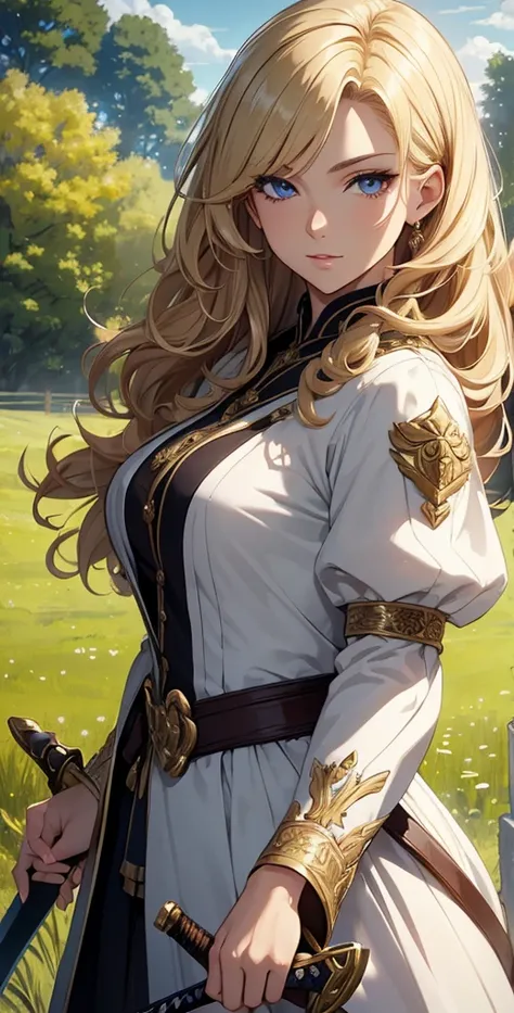 (masterpiece:1.2), (Highest quality:1.2), Perfect Eyes, Perfect Face, Perfect lighting, One girl, Mature woman in a field, Medium blonde hair, Curly Hair, Detailed clothing, Detailed outdoor background, compensate, eye shadow, A female swordsman who obtain...