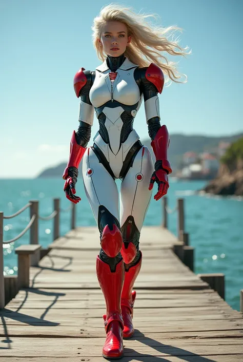 Fantasy female android static shock, ready for action, Close Contact, mechanical white body, red classic boots, in Summer (Pier:1.3), pier made by wood, she get rising thunder,