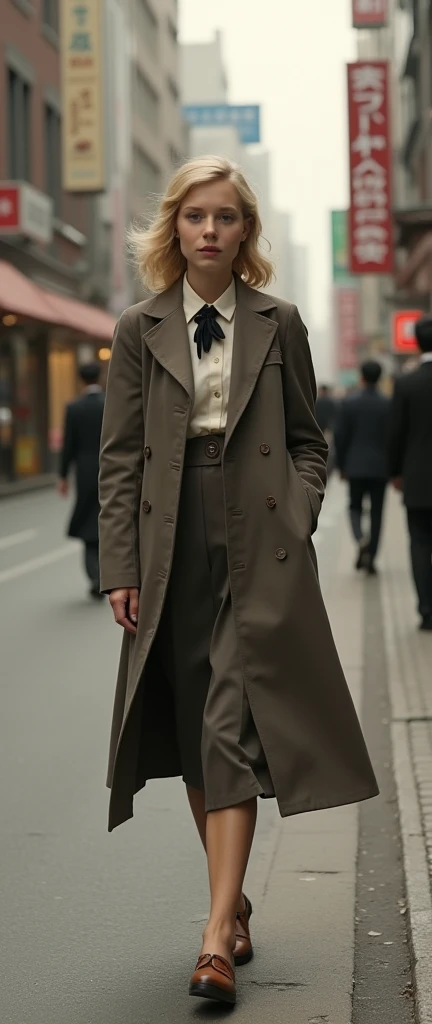 A photo , Side view, girl waking pose,  walking road in street, in Ginza of Tokyo, 1935 years, Beautiful  American White girl sisters born in Japan, she is 18-age,more adult, (John Fontaine  is blond hair, middle hair, small lip, little smile),(normal body...