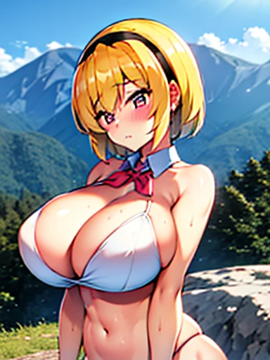 Rugged Mountains , A girl with short hair, blonde hair and a headband and big breasts