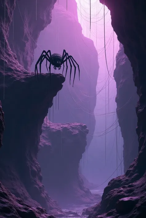 3D view, Chinese style, in a cave full of spider webs, a huge spider watching from the upper level of the cave, black with purple atmospheric light