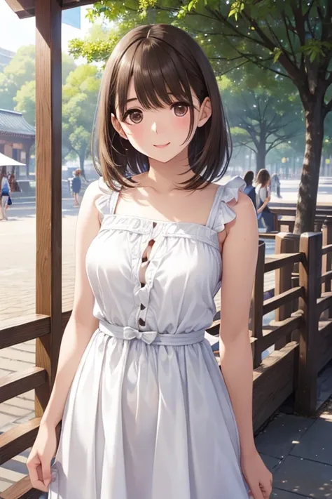 anegasaki nene、Shiny brown hair, short hair, (Beautiful brown eyes、Sparkling eyes, Fine grain)、smile、Ultra-detailed eyes、Highly detailed face, Highly detailed eyes,Cowboy Shot、



(Highest quality:1.2), One girl,White sundress、 Ueno Park, summer, Upper Bod...