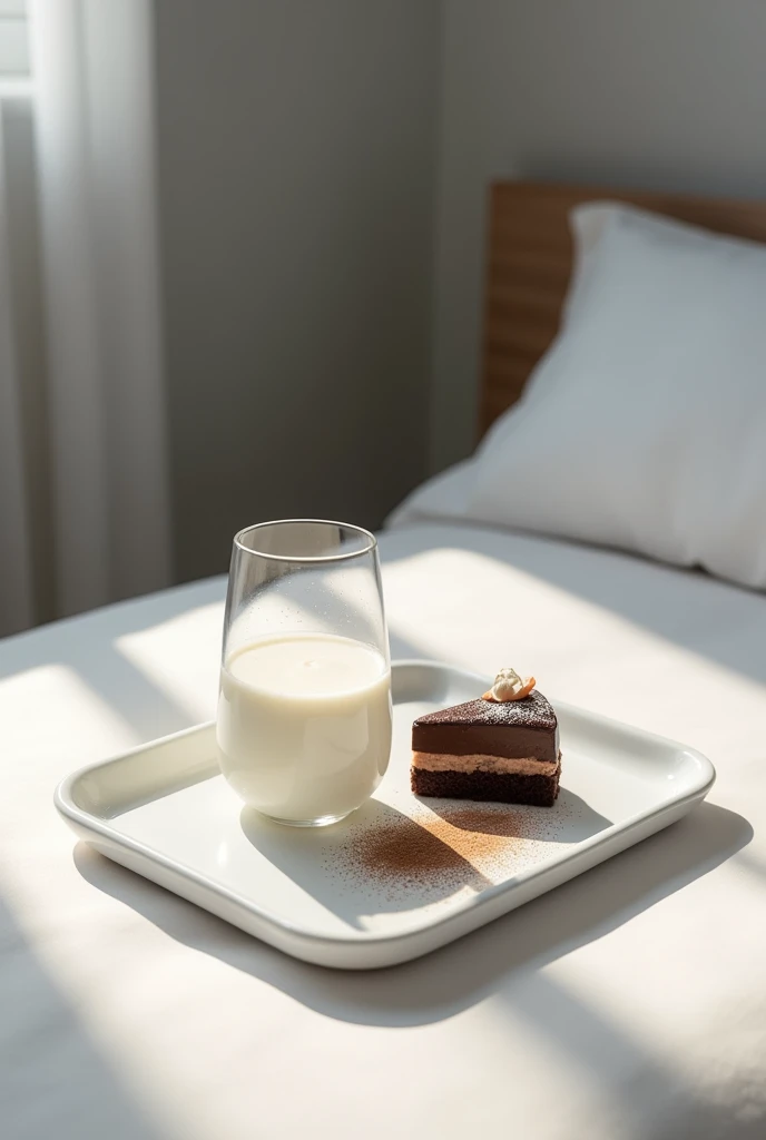 A white tray with a glass of youghurt and a piece of chocolate cake on it placed on a white bed in a room painted white 
Outside environment dark as night 