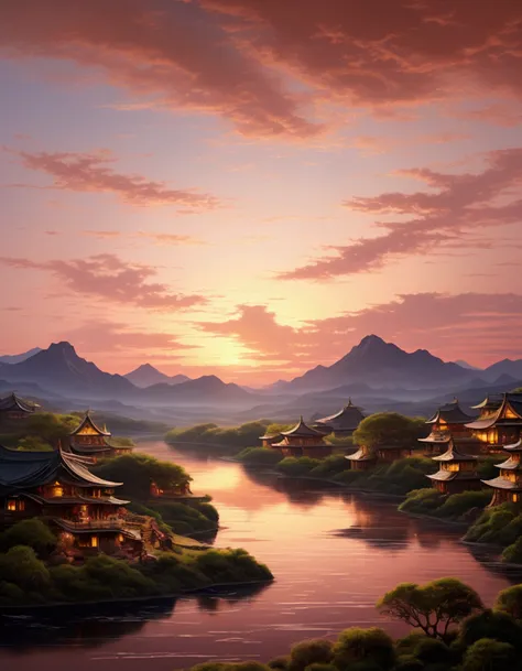 Transparent Mountain々With the river flowing through、A fantastical landscape with a bioluminescent water surface。In the sky、A floating island dyed in vibrant sunset colors、Fantastic clouds swirl in the sky。Dreamy lighting、Magical realism、Surreal details --a...