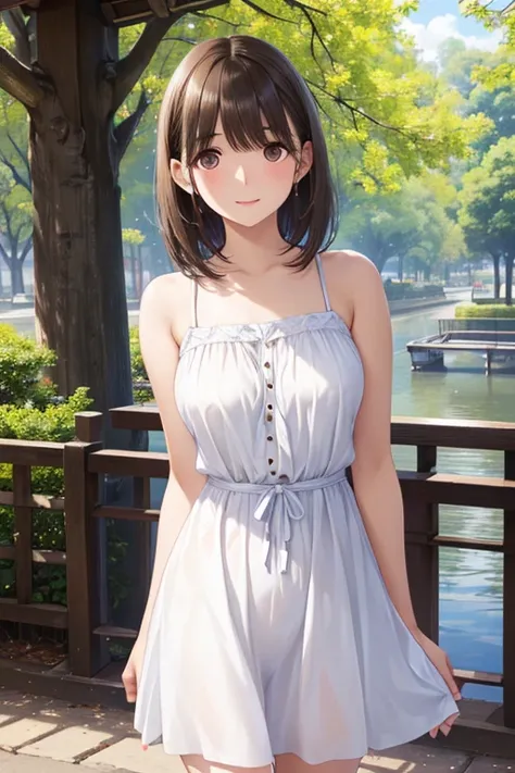 anegasaki nene、Shiny brown hair, short hair, (Beautiful brown eyes、Sparkling eyes, Fine grain)、smile、Ultra-detailed eyes、Highly detailed face, Highly detailed eyes,Cowboy Shot、



(Highest quality:1.2), One girl,White see-through sundress、 Ueno Park, summe...