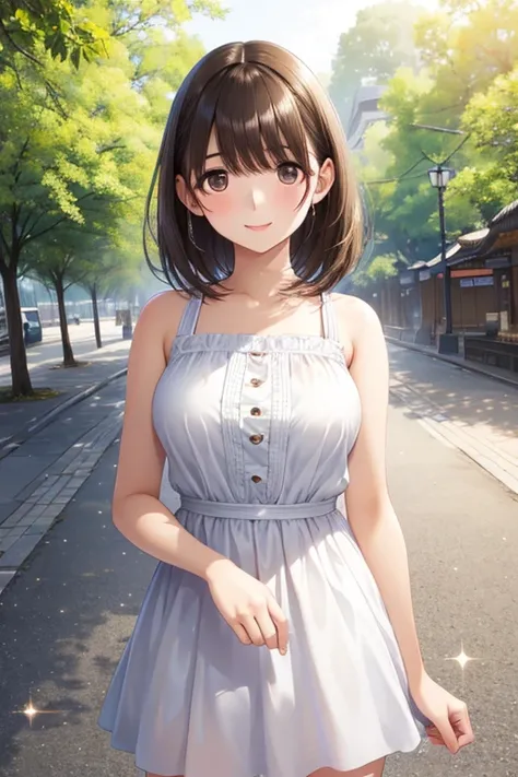 anegasaki nene、Shiny brown hair, short hair, (Beautiful brown eyes、Sparkling eyes, Fine grain)、smile、Ultra-detailed eyes、Highly detailed face, Highly detailed eyes,Cowboy Shot、



(Highest quality:1.2), One girl,White see-through sundress、 Ueno Park, summe...